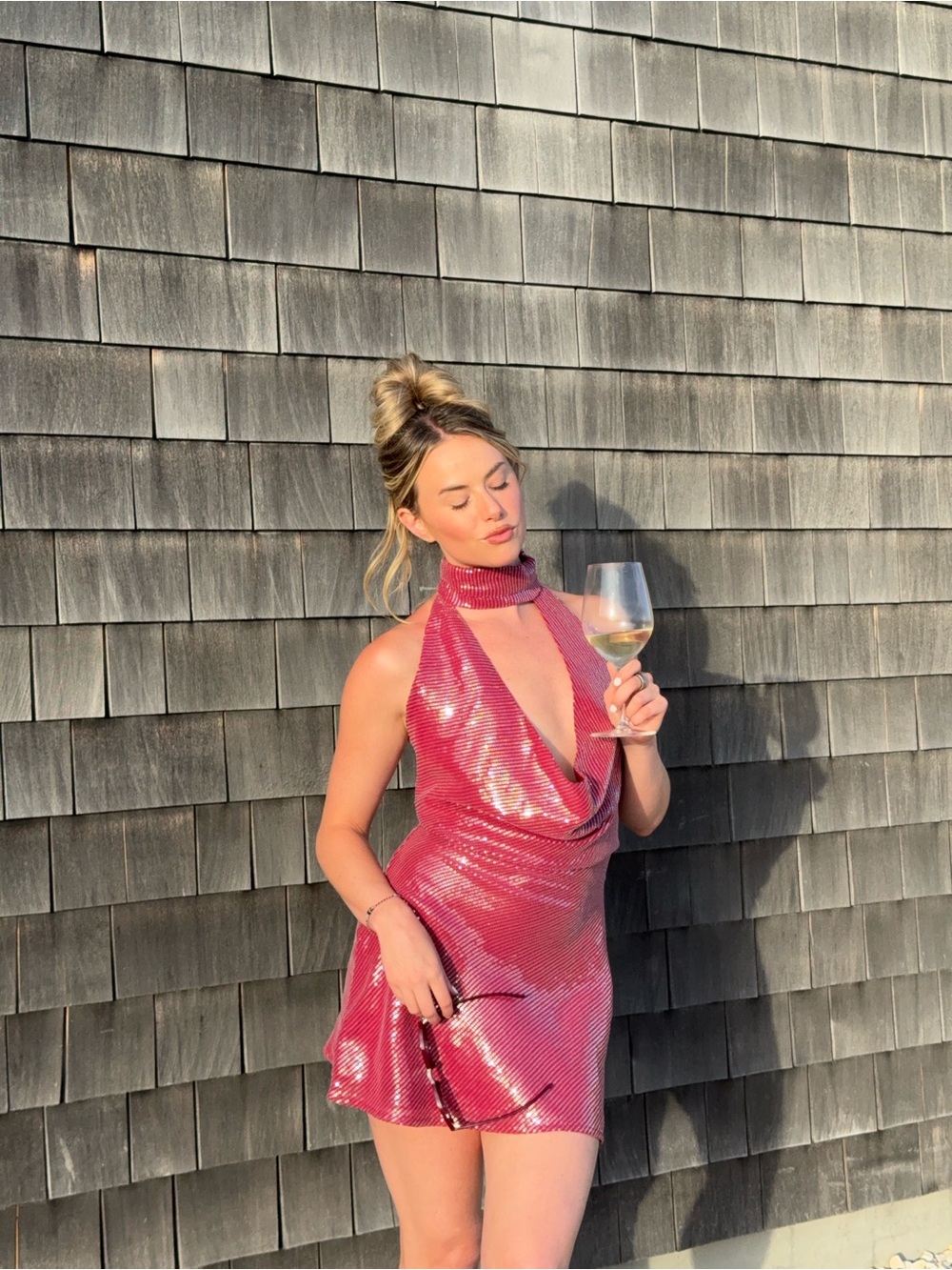 Shimmery Raspberry Halter Mini Dress - Picture 4 of 5